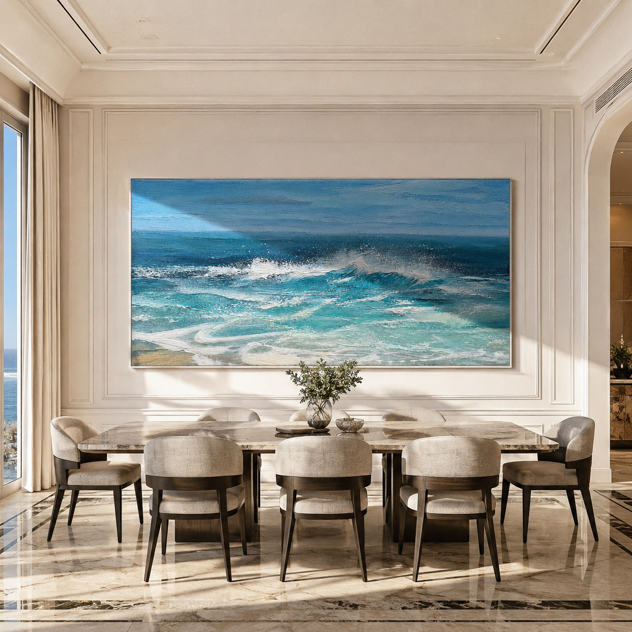 Panoramic ocean wave canvas hung above a living room sofa