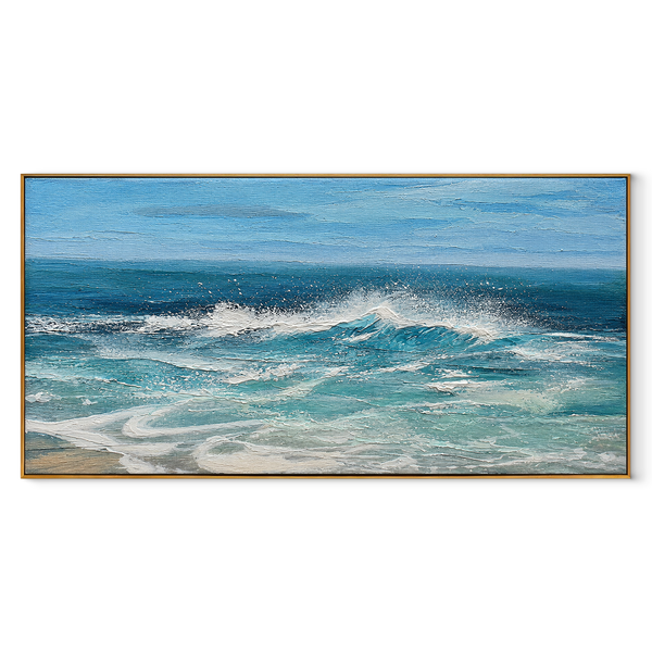 Wave Break Study – Turquoise Ocean Wave Painting | Coastal Panoramic Living Room Wall Art