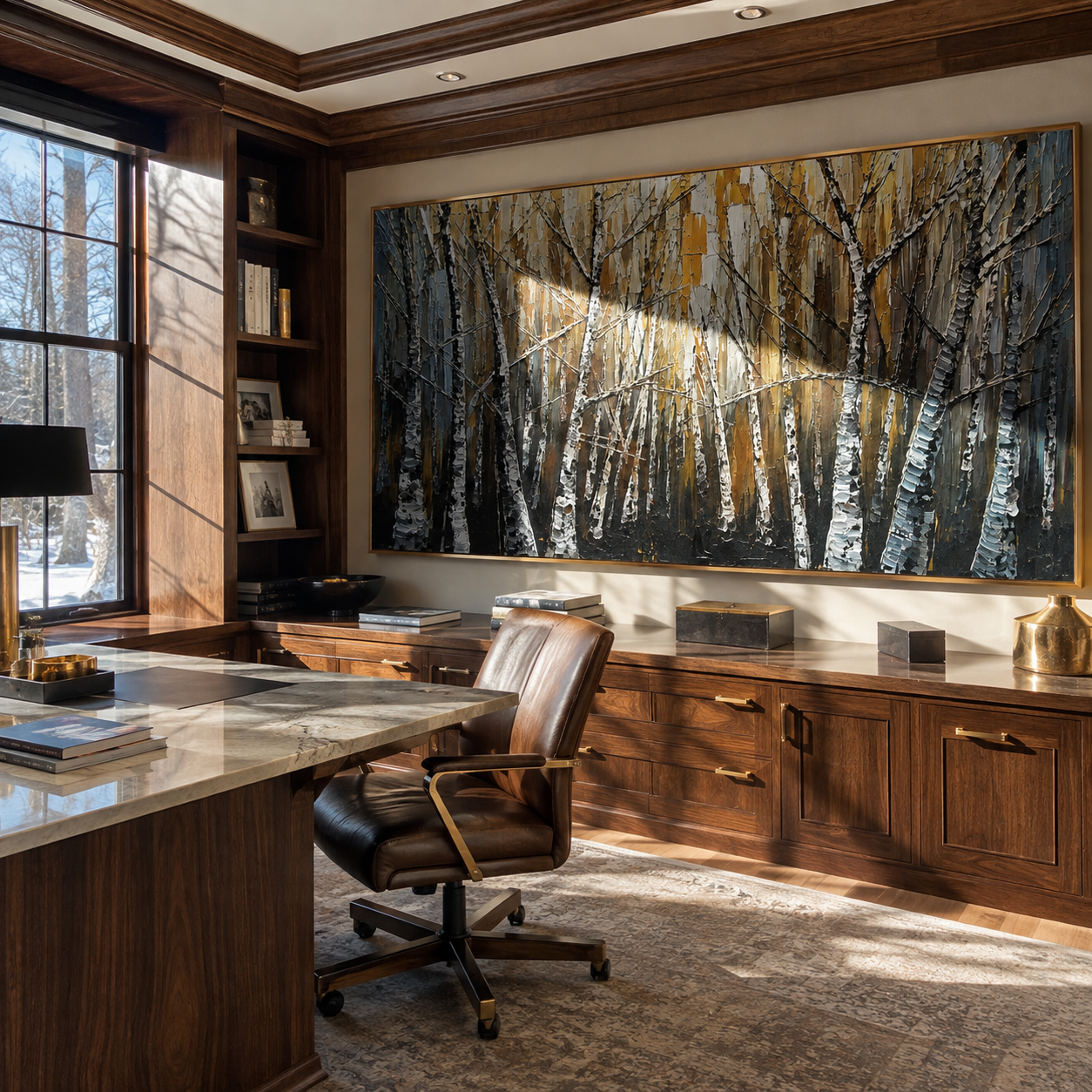 Golden Birch Stand – gold and white birch forest painting, horizontal hand-painted canvas art