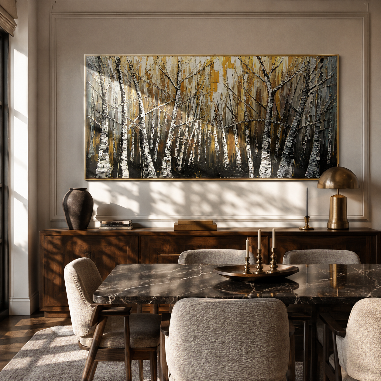 Birch forest canvas hung above a living room sectional sofa