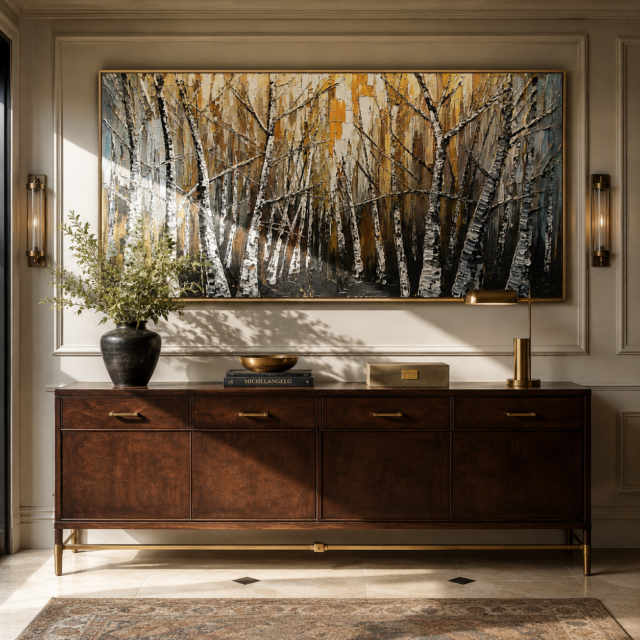 Golden Birch Stand painting shown above a dining room sideboard