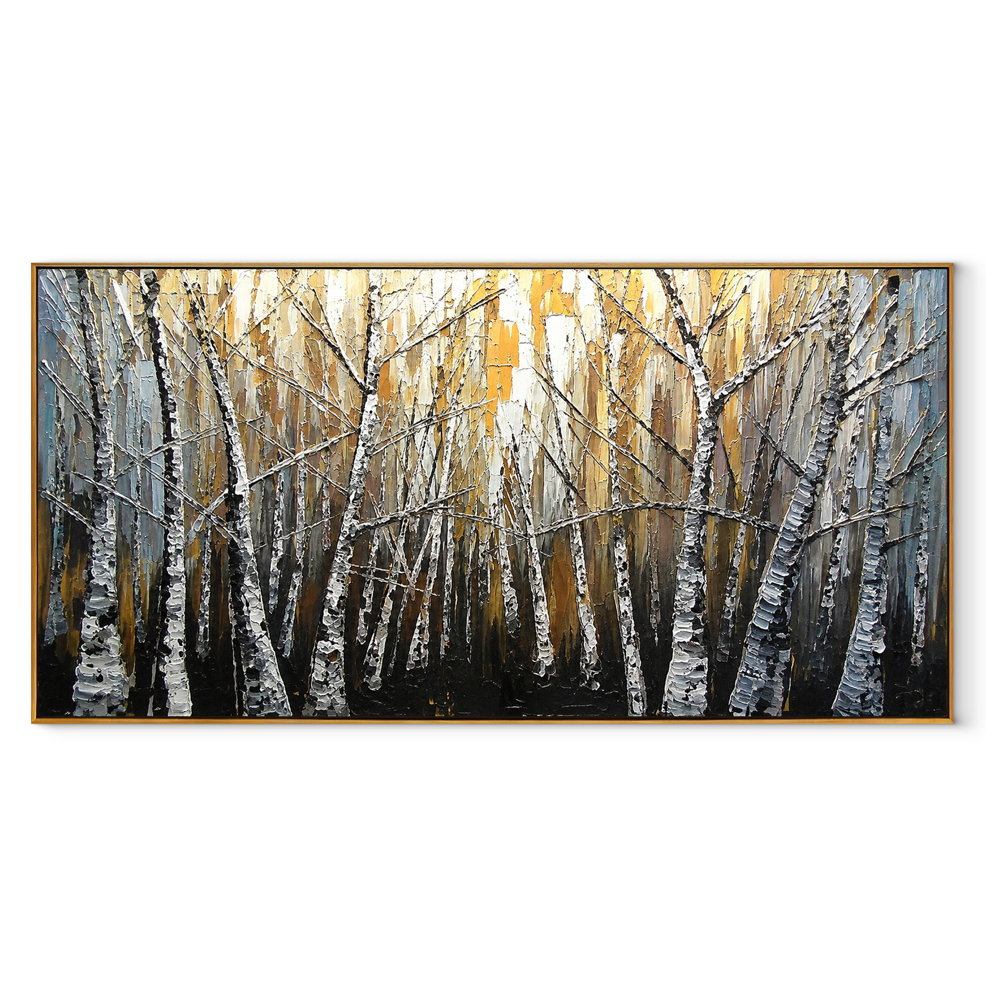 Golden Birch Stand forest painting in a wood floating frame on white background