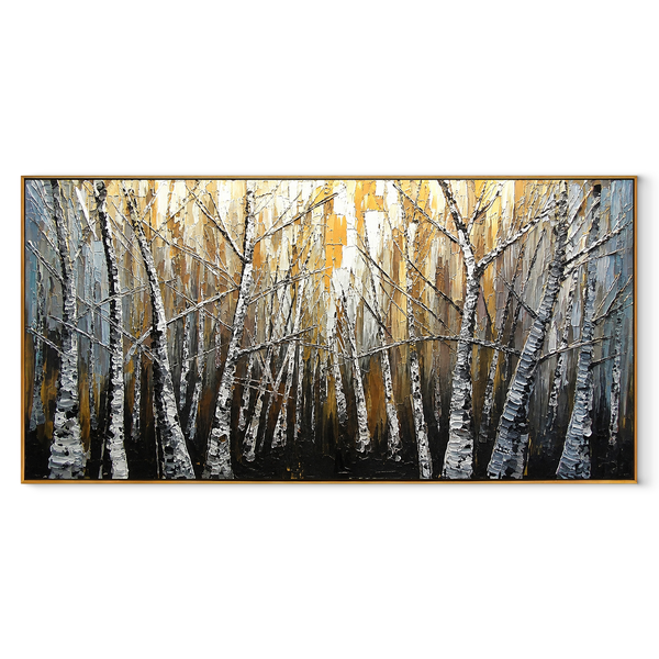 Golden Birch Stand – Gold & White Birch Forest Painting | Textured Panoramic Office Wall Art