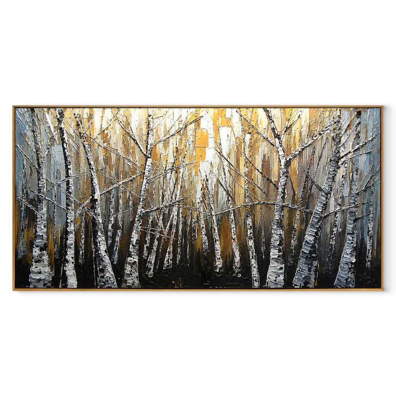 Golden Birch Stand – Gold & White Birch Forest Painting | Textured Panoramic Office Wall Art