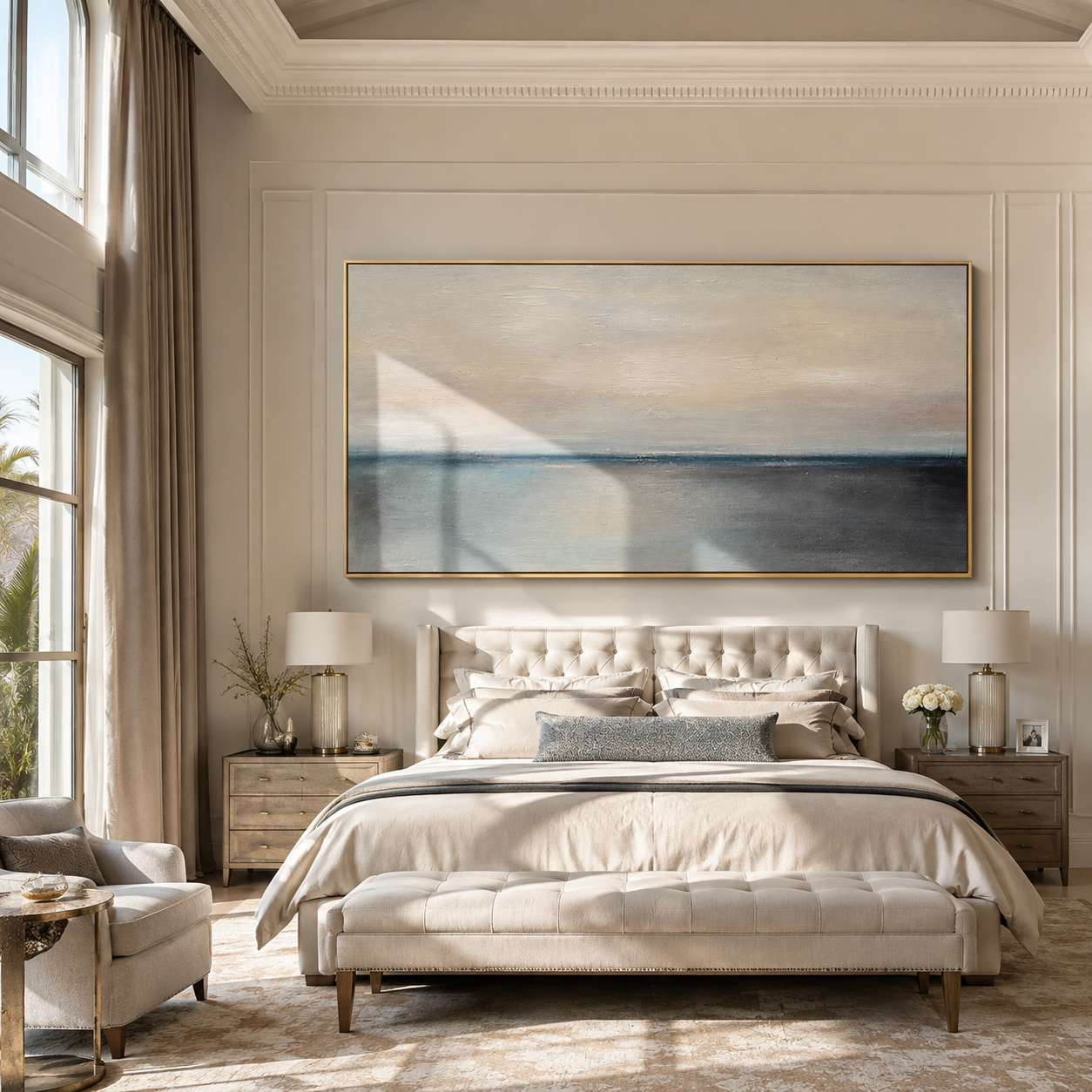 Dusk Meets Water – blush and navy minimalist horizon painting, horizontal hand-painted canvas art