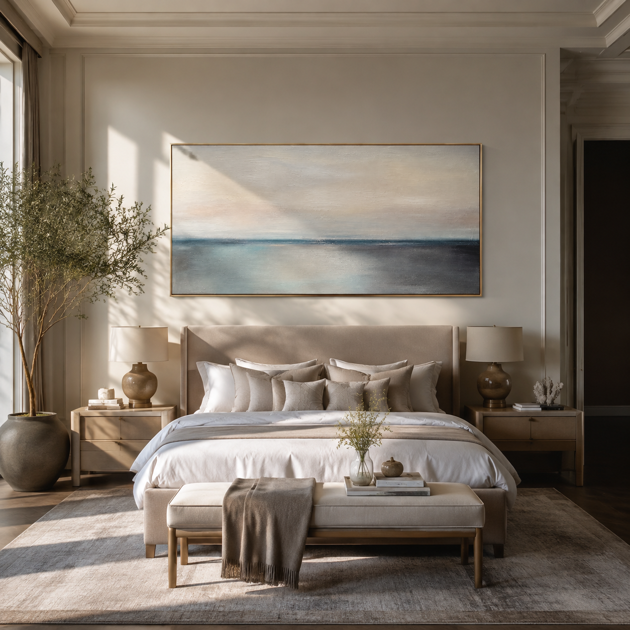 Blush and navy minimalist horizon painting displayed above a bedroom bed
