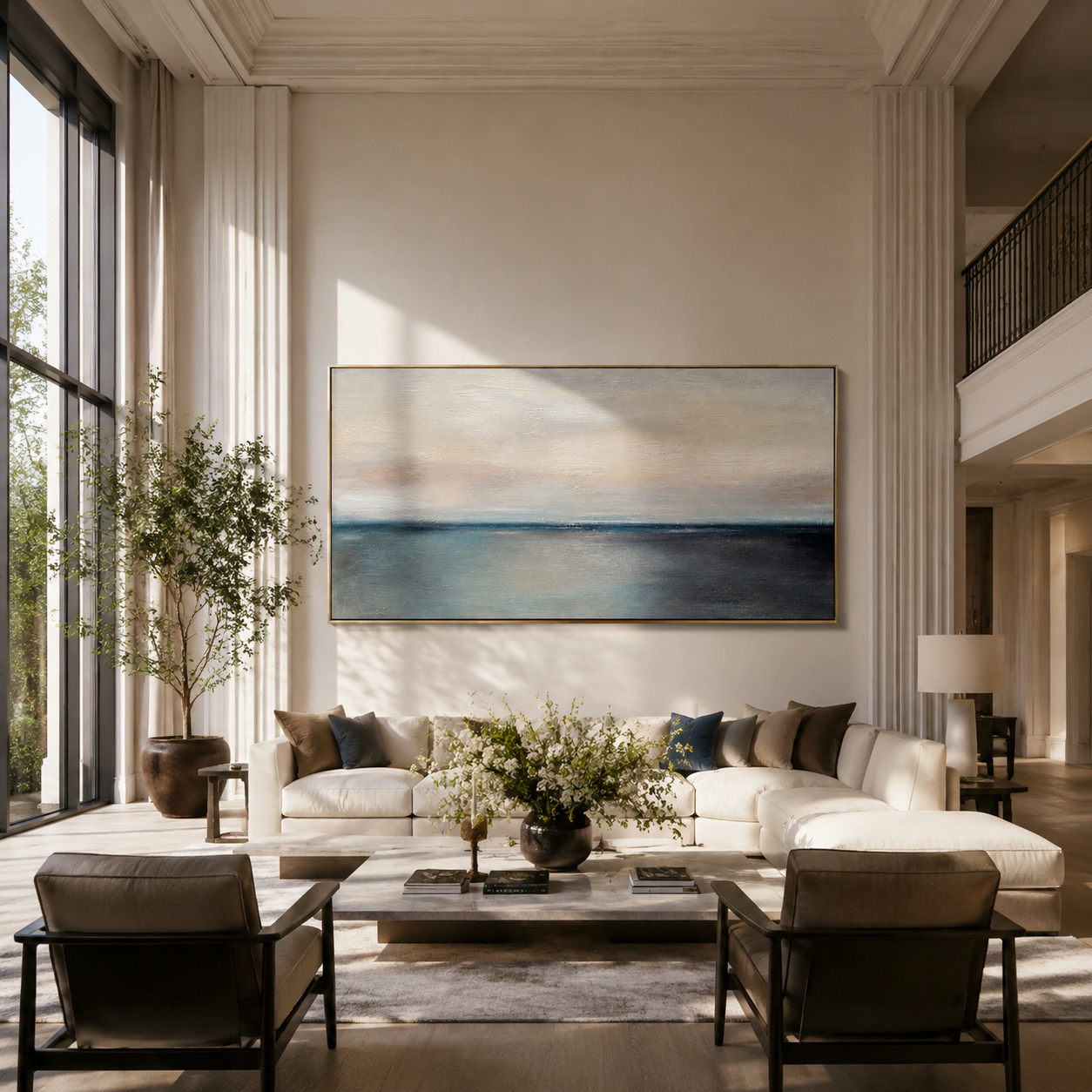 Minimalist horizon canvas hung in a bright living room with tall windows