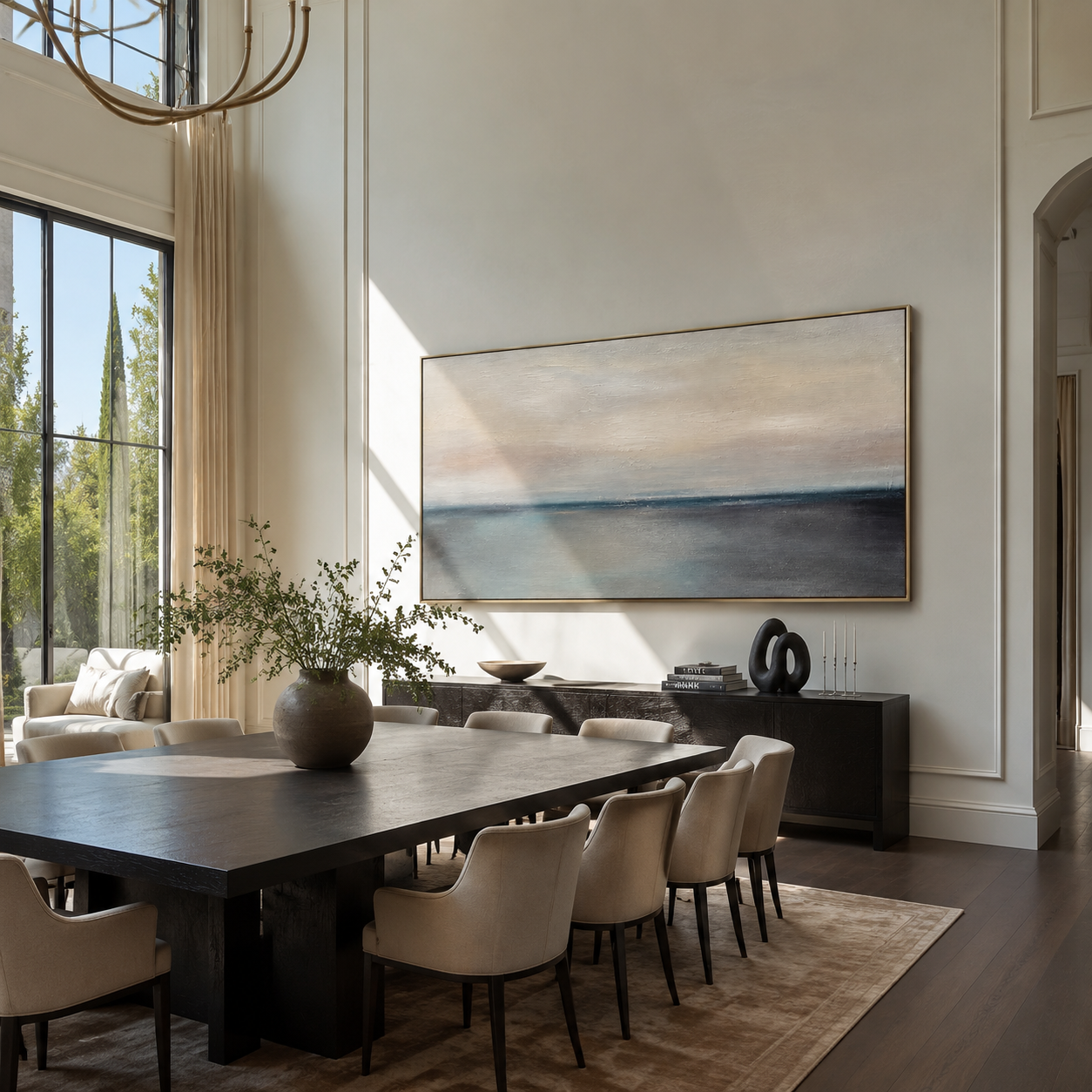 Dusk Meets Water painting shown above a dining room sideboard