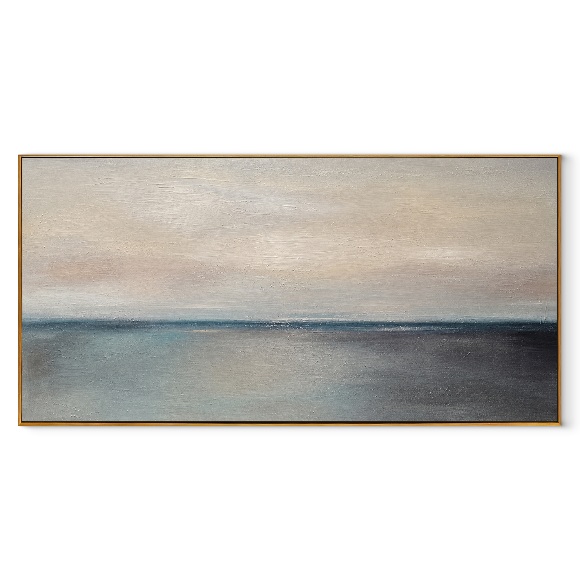 Dusk Meets Water horizon painting in a wood floating frame on white background