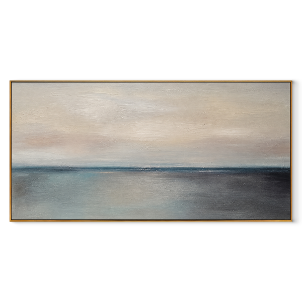 Dusk Meets Water – Blush & Navy Minimalist Horizon Painting | Serene Panoramic Bedroom Wall Art