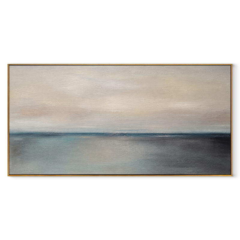 Dusk Meets Water – Blush & Navy Minimalist Horizon Painting | Serene Panoramic Bedroom Wall Art