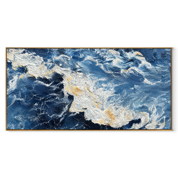 Storm Swept Current – Navy & Gold Abstract Ocean Painting | Dramatic Panoramic Living Room Wall Art