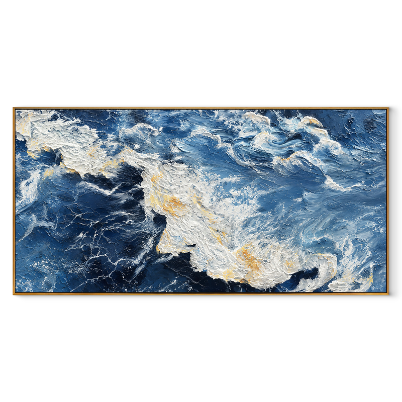 Storm Swept Current – Navy & Gold Abstract Ocean Painting | Dramatic Panoramic Living Room Wall Art