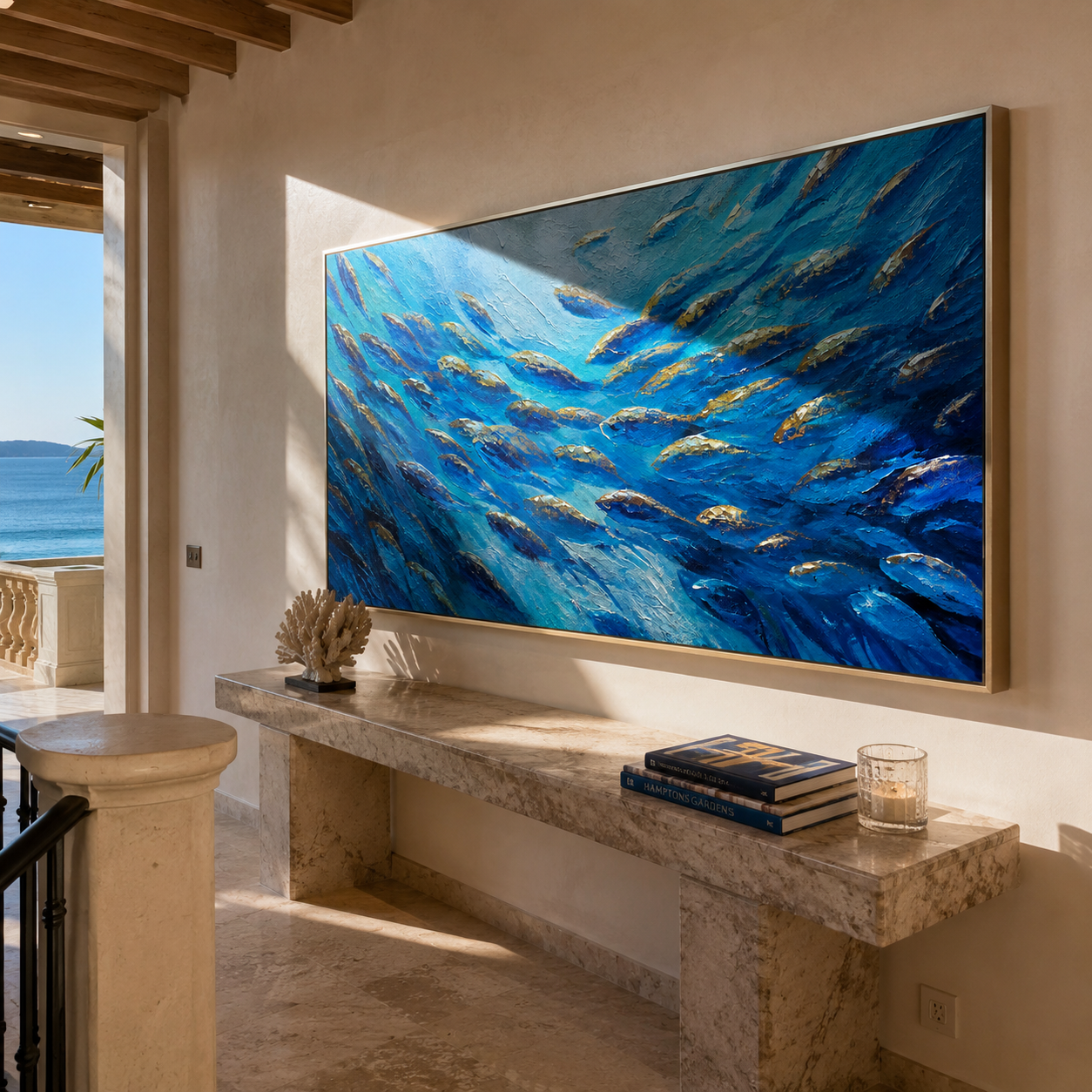 Golden Shoal Ascending – deep blue impasto fish school painting above a coastal entryway console