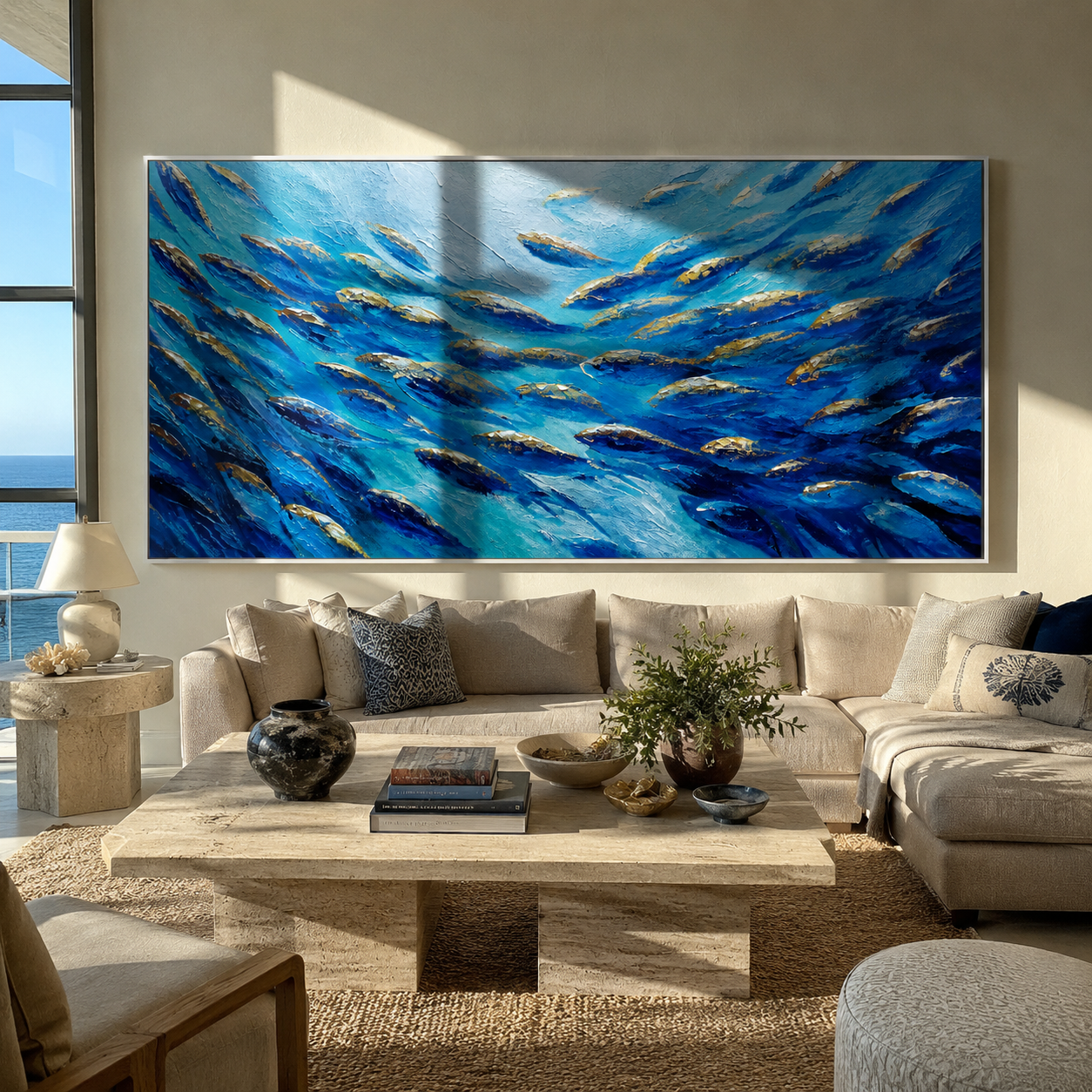 Textured blue fish school painting displayed above a beige sectional sofa in a living room