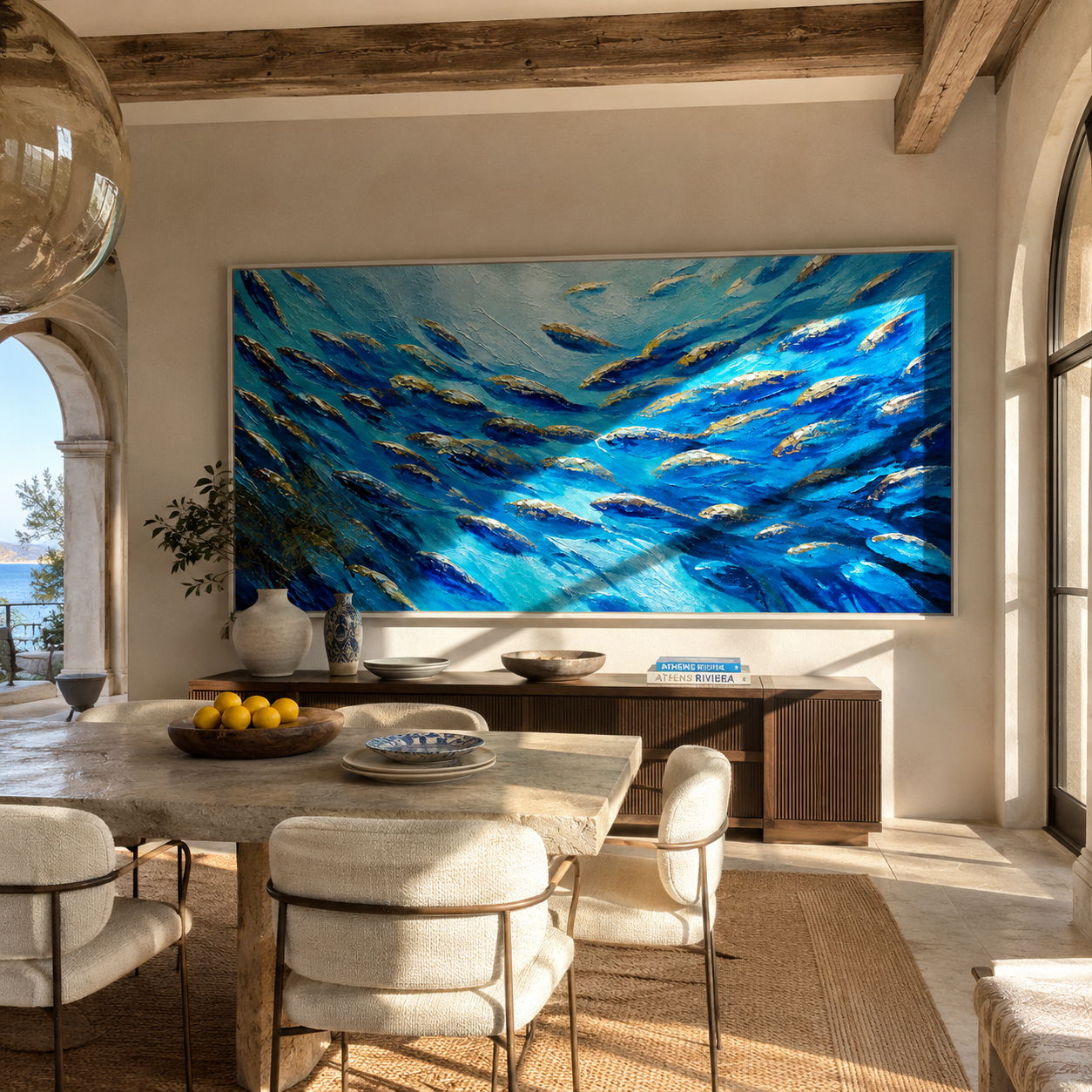 Panoramic ocean fish painting hung above a wooden sideboard in a dining room