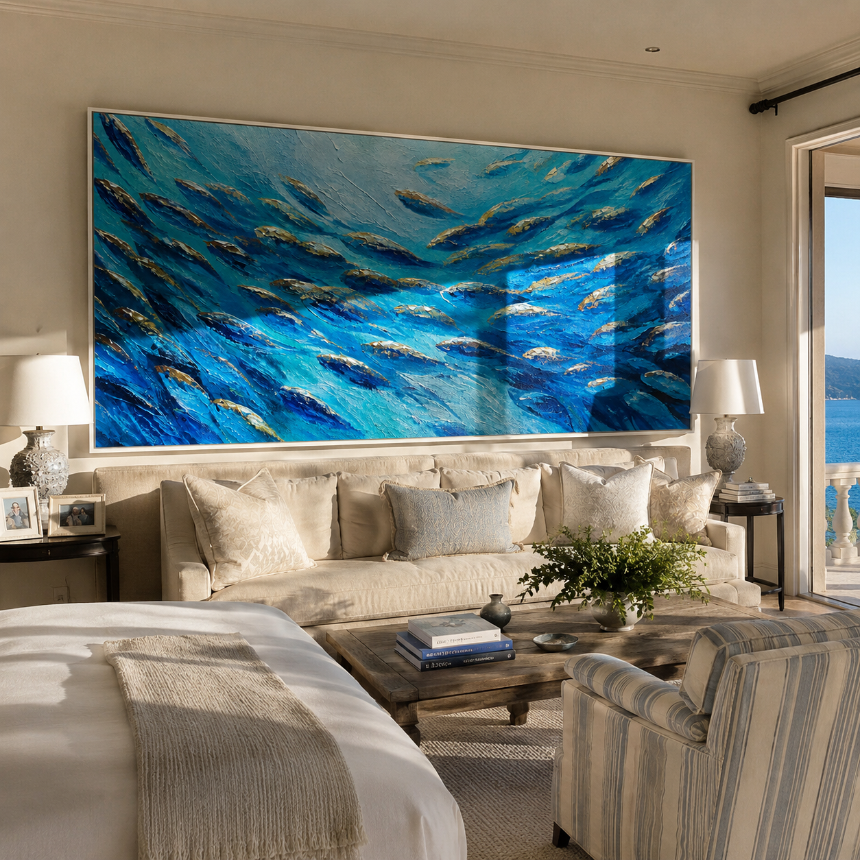 Deep blue impasto fish school canvas above a bed in a coastal bedroom
