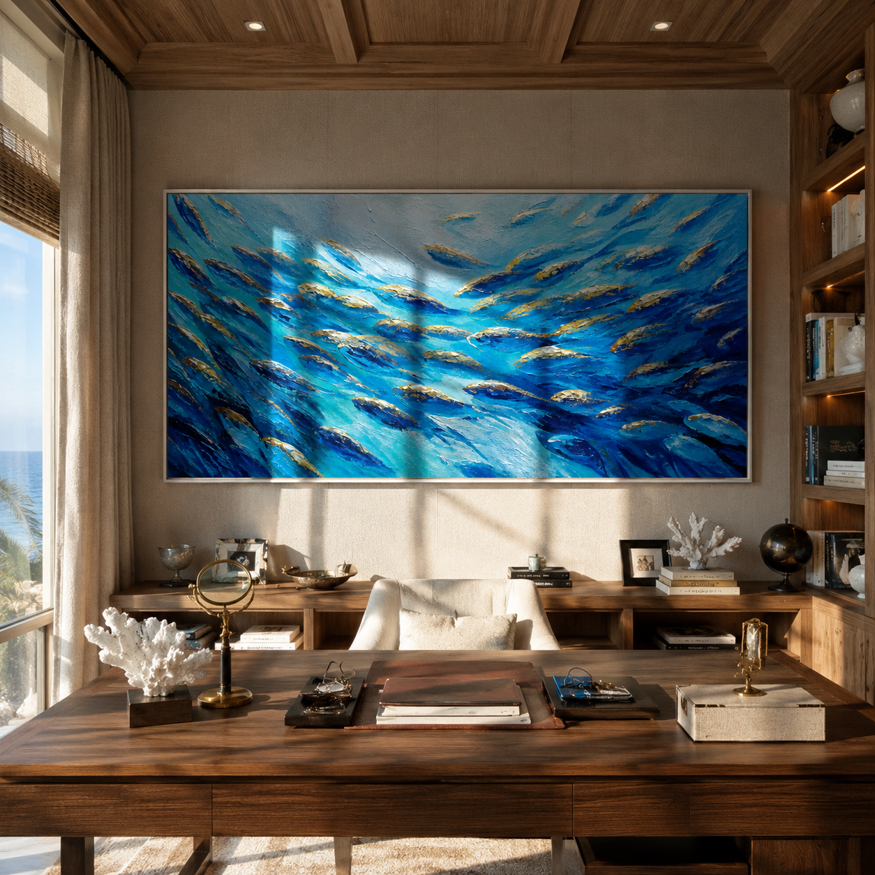Textured ocean fish painting displayed above a wooden desk in a home office