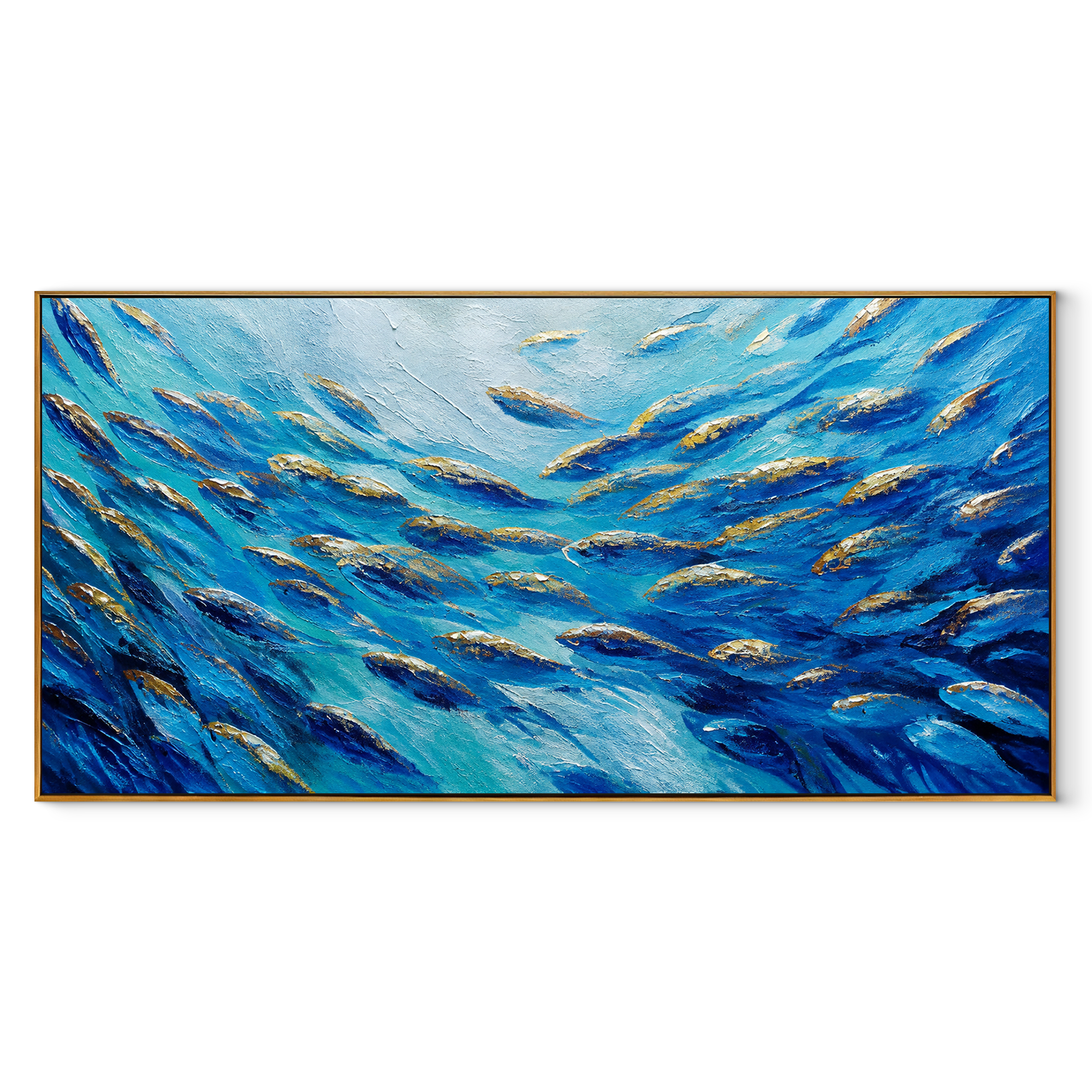 Golden Shoal Ascending framed in wood, deep blue and gold fish school canvas on white background