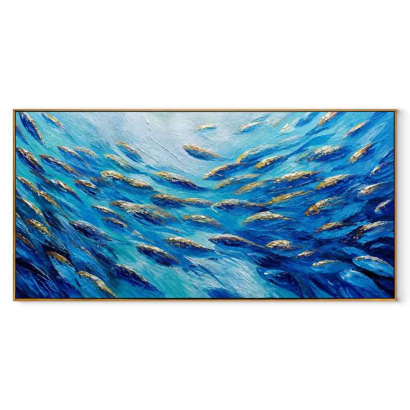 Golden Shoal Ascending – Deep Blue Ocean Fish Painting | Coastal Panoramic Living Room Wall Art