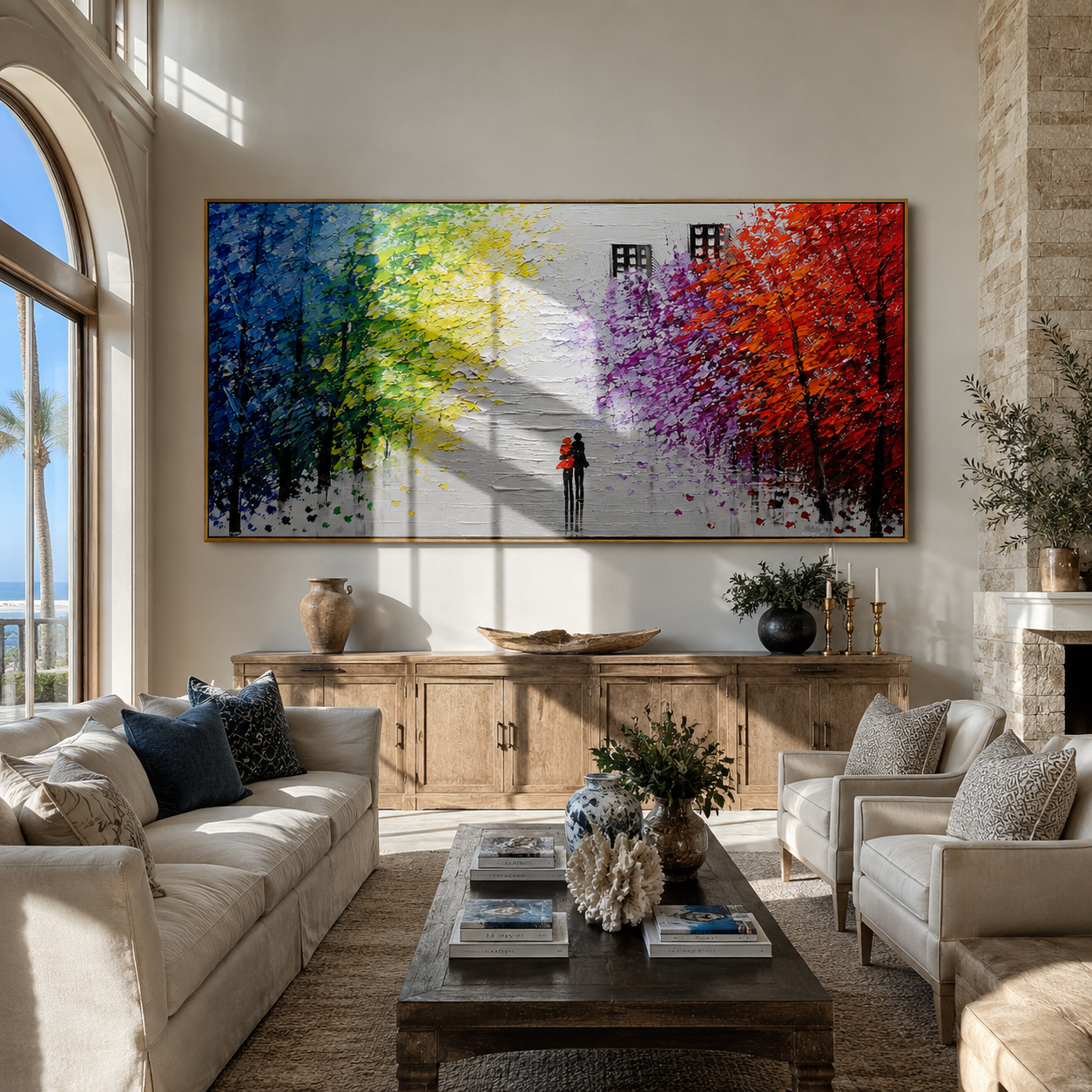 Two Hearts, Four Seasons – rainbow tree-lined path painting above a living room sideboard