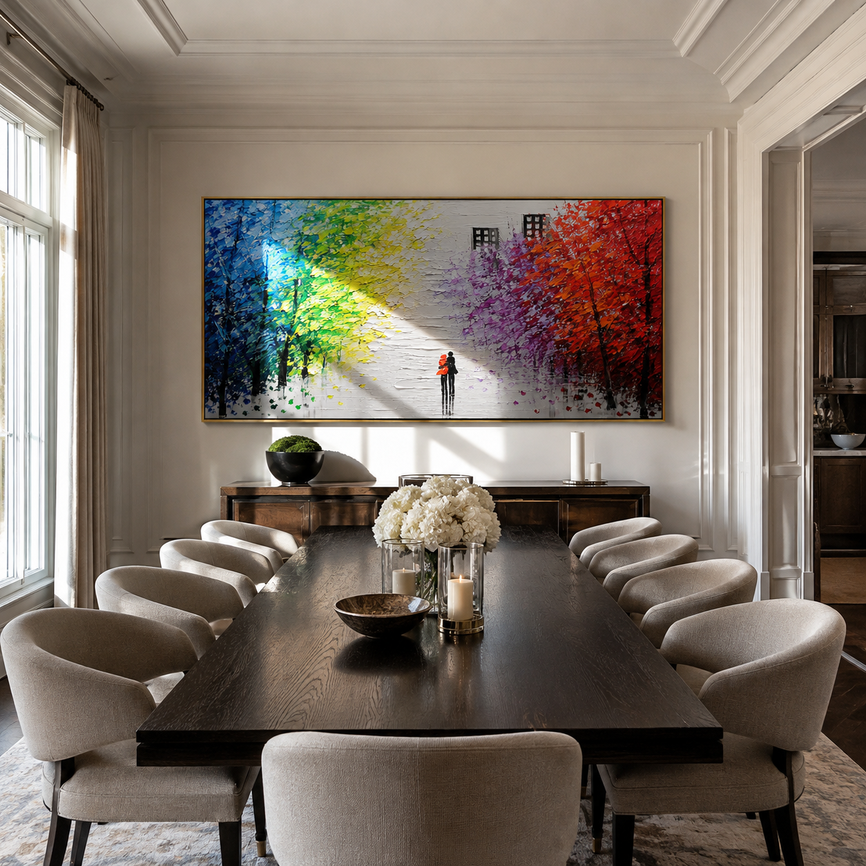 Colorful rainbow forest path painting hung above a dark green home office wall