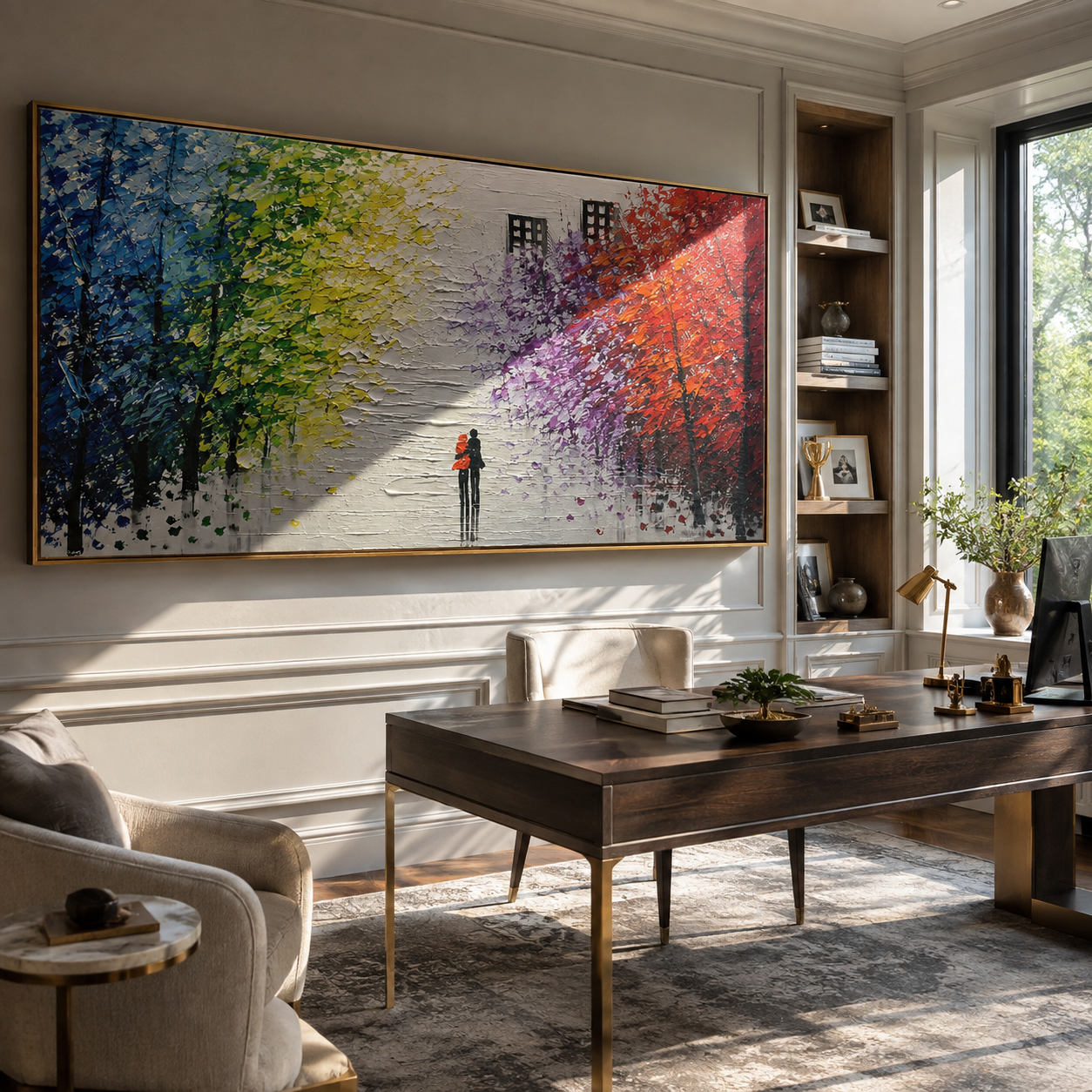Colorful rainbow tree avenue painting with strolling couple above a dark leather sofa