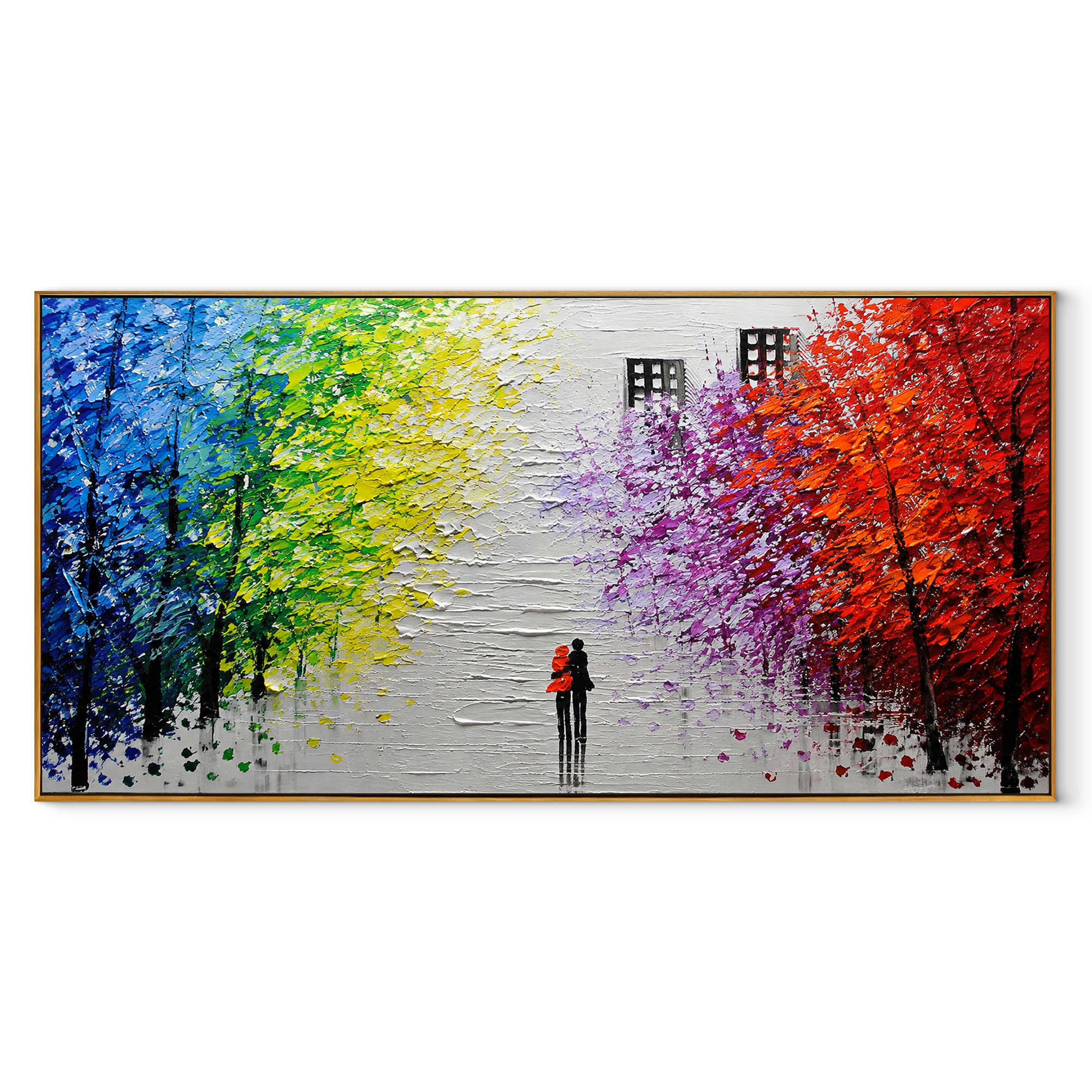 Two Hearts, Four Seasons framed in wood, rainbow tree avenue canvas on white background