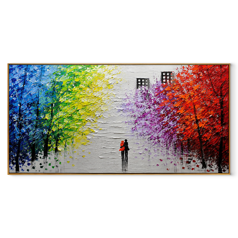 Two Hearts, Four Seasons – Colorful Rainbow Tree-Lined Path Painting | Romantic Panoramic Living Room Wall Art