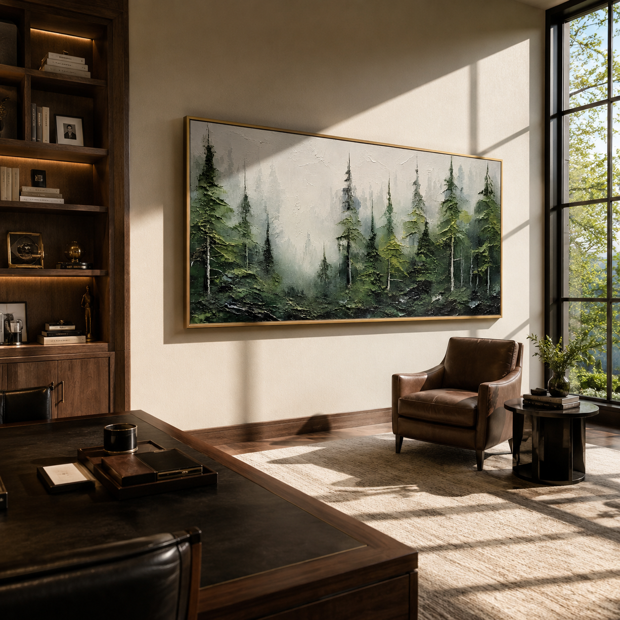 Emerald Path Beckons – misty green forest painting above a dark leather armchair in a home office