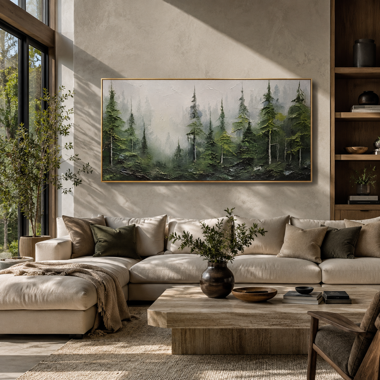 Textured misty forest painting displayed above a console table in a living room