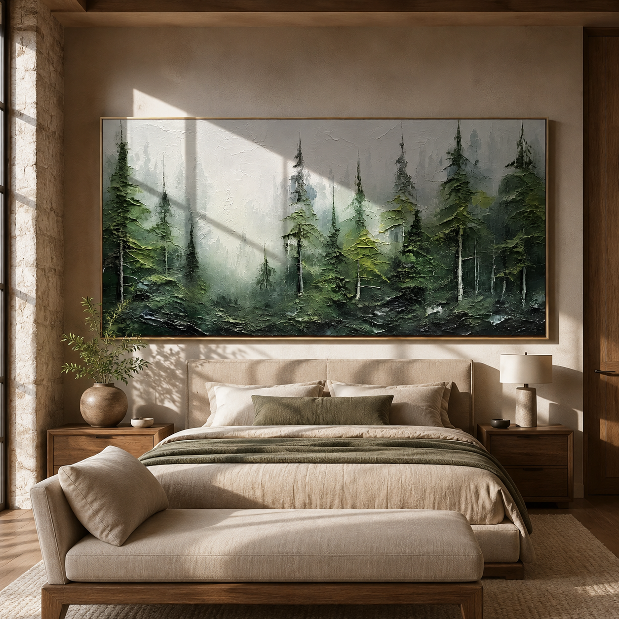 Textured evergreen forest canvas above a bed in a soft neutral bedroom