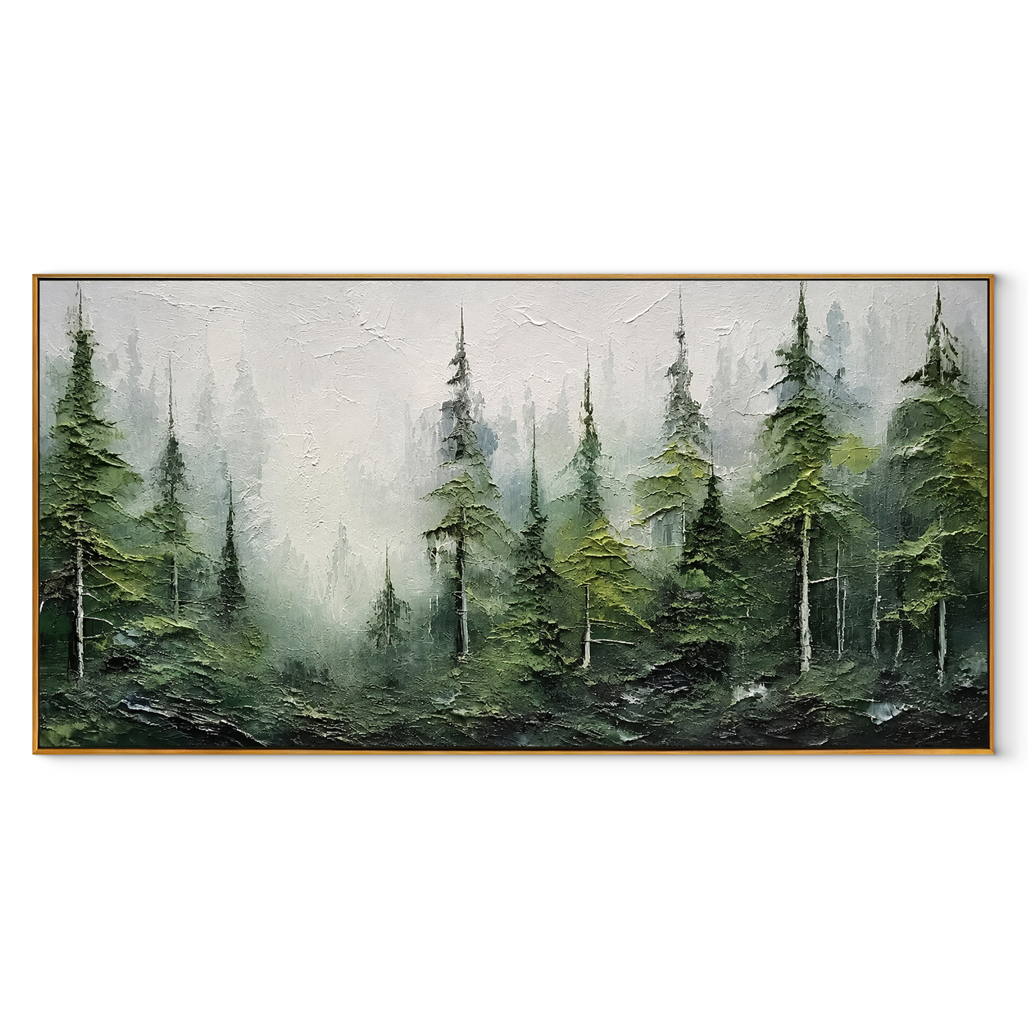 Emerald Path Beckons framed in wood, misty green pine forest canvas on white background