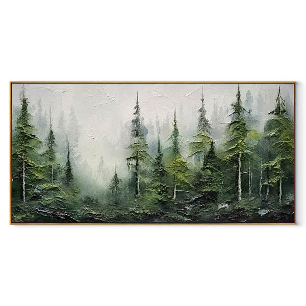 Emerald Path Beckons – Misty Green Forest Painting | Textured Panoramic Home Office Wall Art