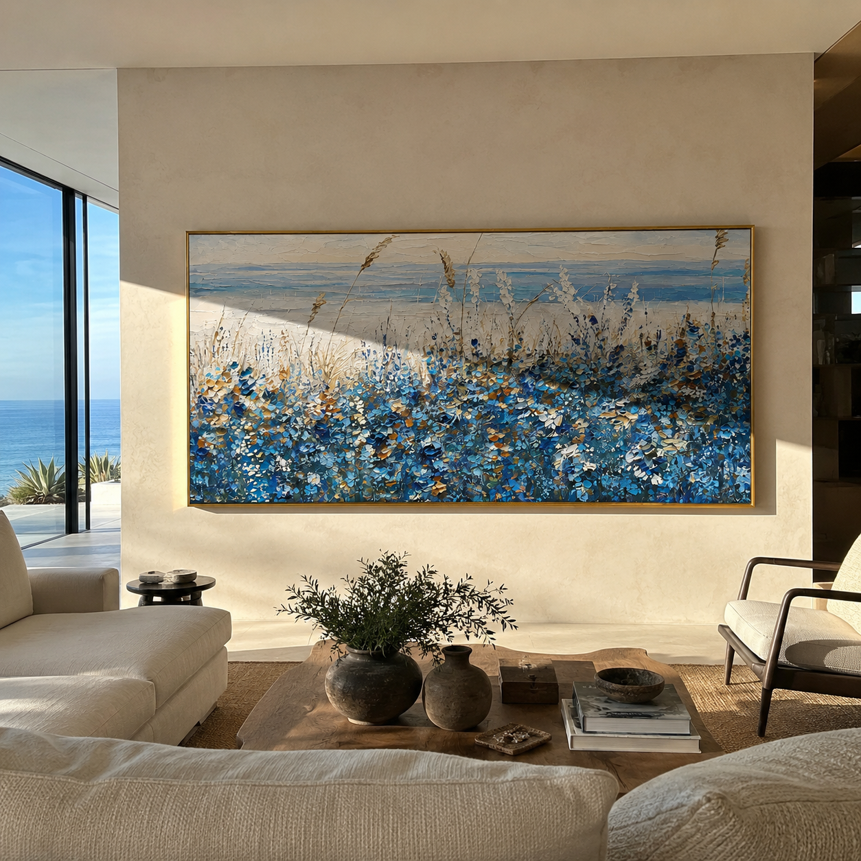 Wildflowers at Dune's Edge – blue and gold coastal meadow painting above a living room sofa