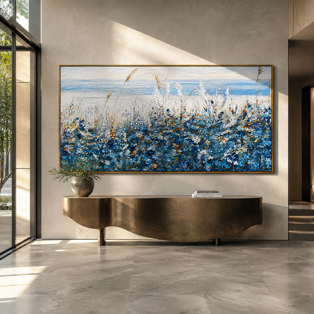 Textured coastal wildflower painting displayed above a console table near a window