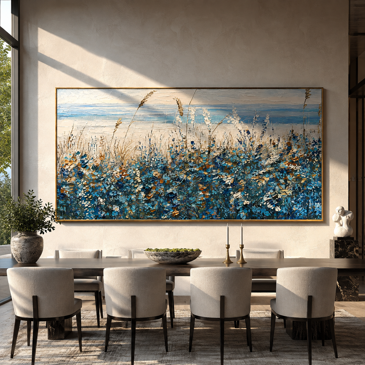 Blue and gold meadow canvas hung above a wooden sideboard in a coastal dining room