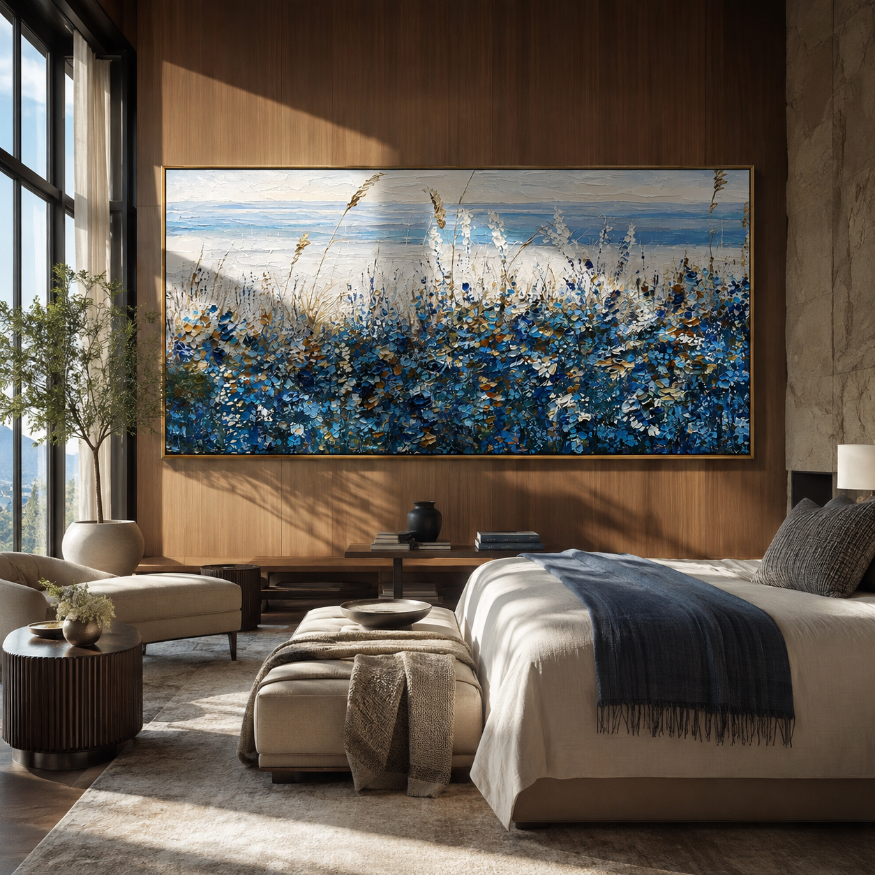 Panoramic coastal wildflower painting above a bed in a light-filled bedroom
