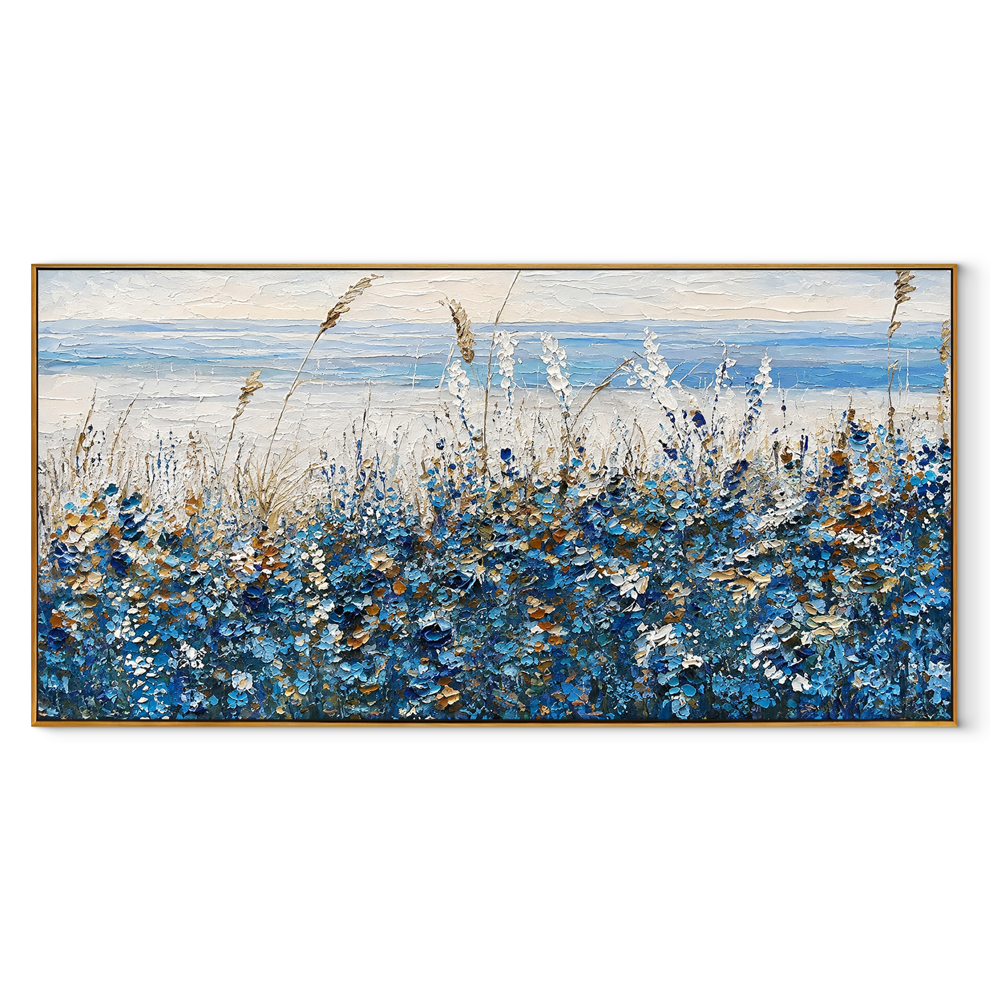 Wildflowers at Dune's Edge framed in wood, blue and gold wildflower canvas on white background