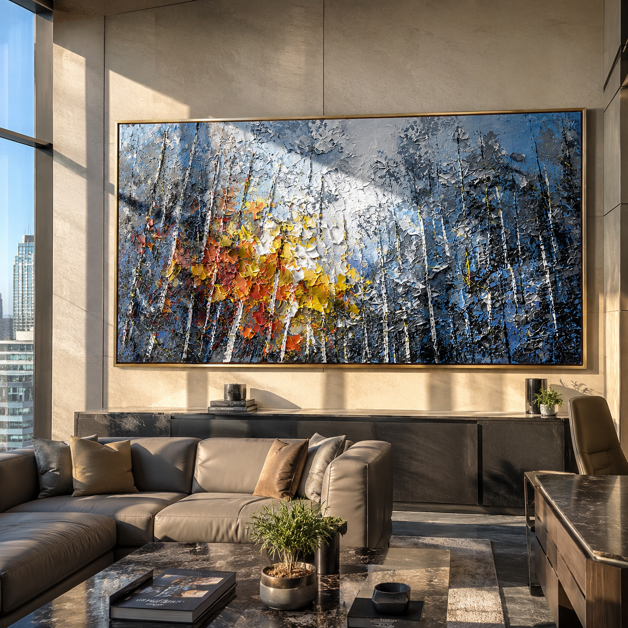 Cool blue and gold birch canvas hung above a sideboard in a modern dining room