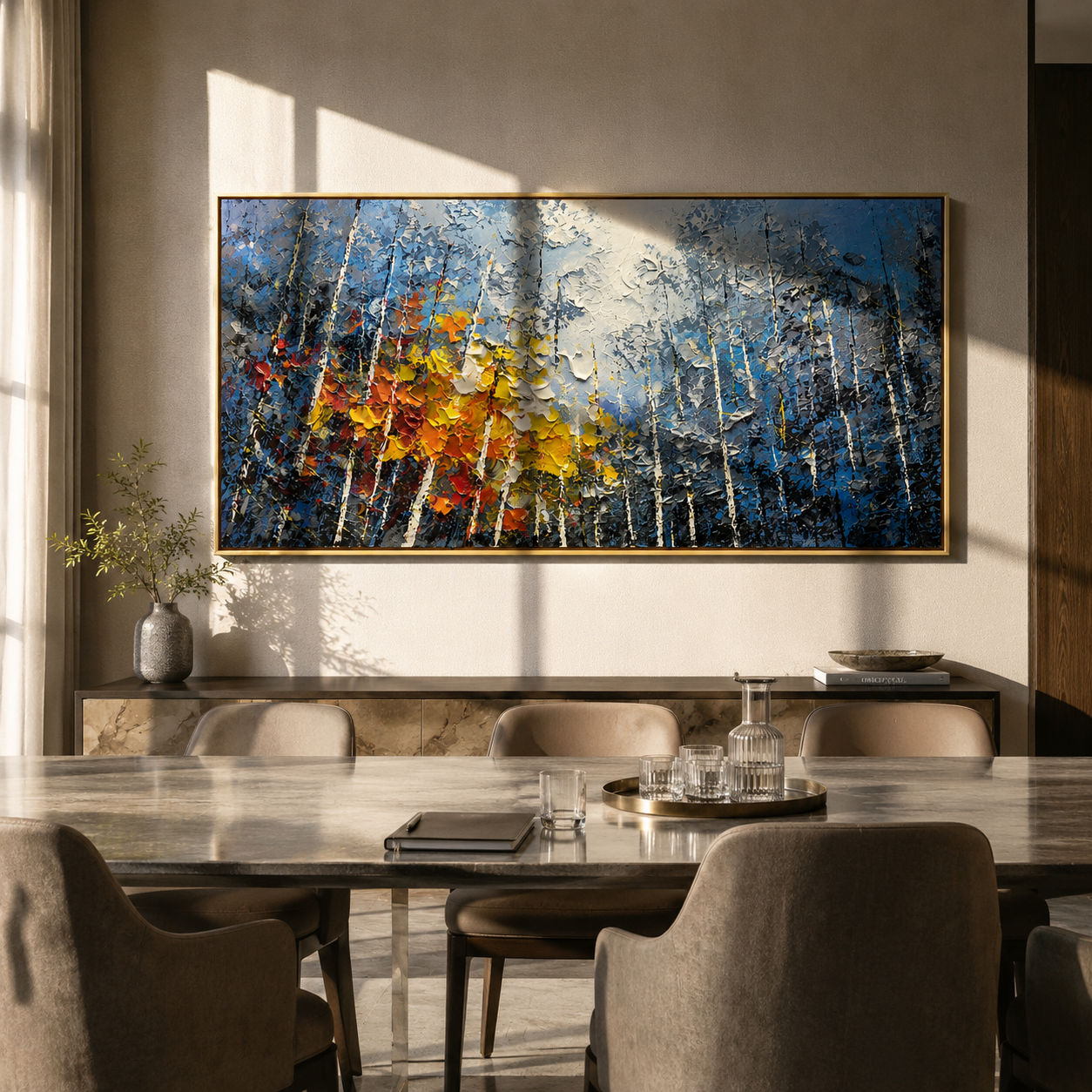 Panoramic birch grove painting displayed above a bed in a contemporary bedroom