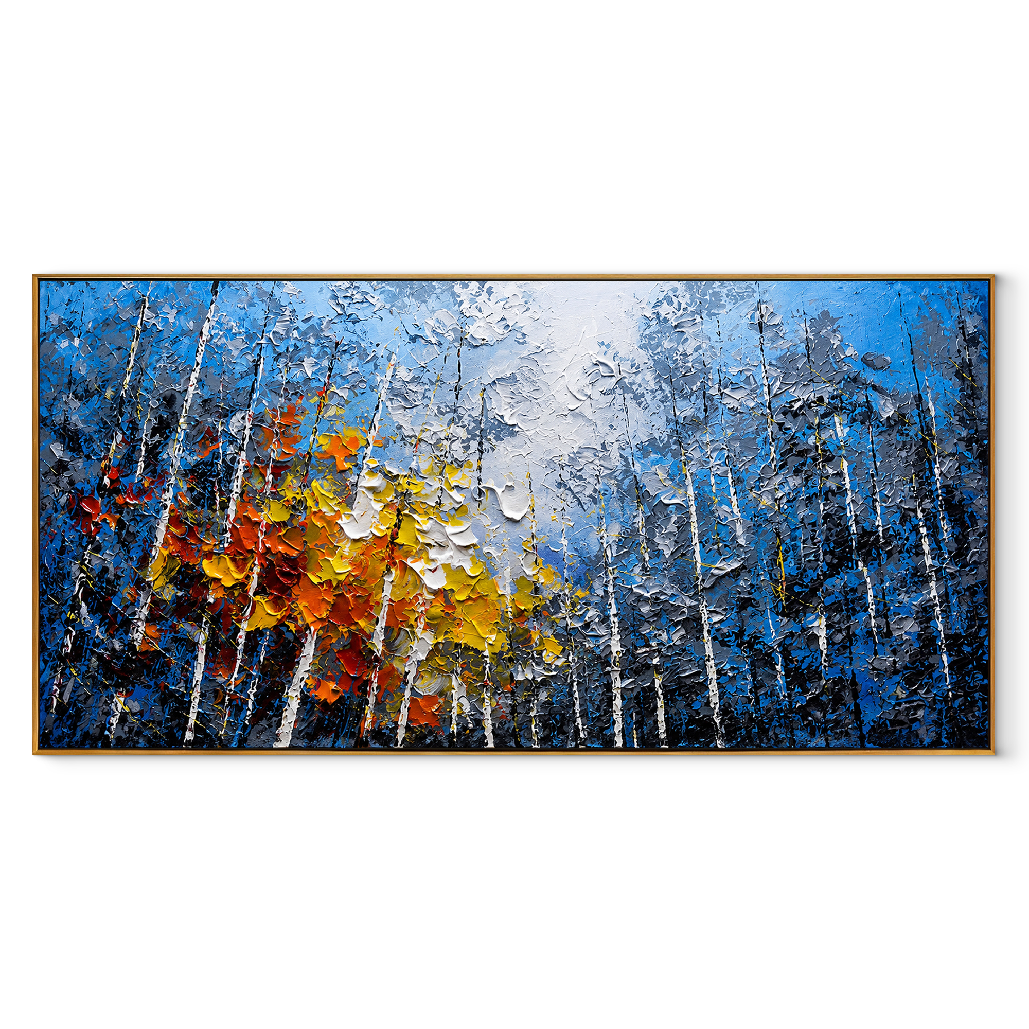 Birches Catch the Light framed in wood, blue birch grove canvas on white background