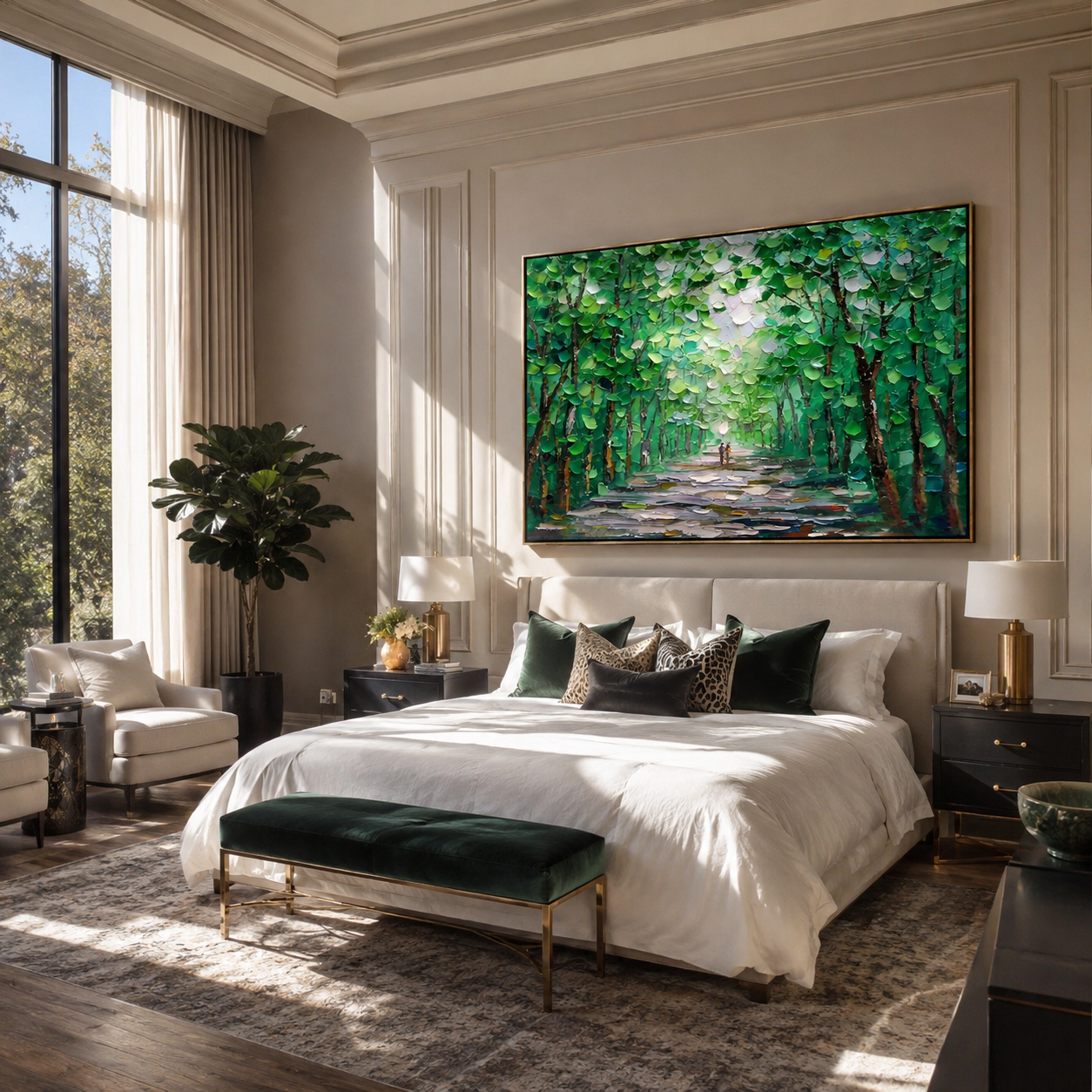 Grove of Companions – green forest path painting above a bed in a library-style bedroom