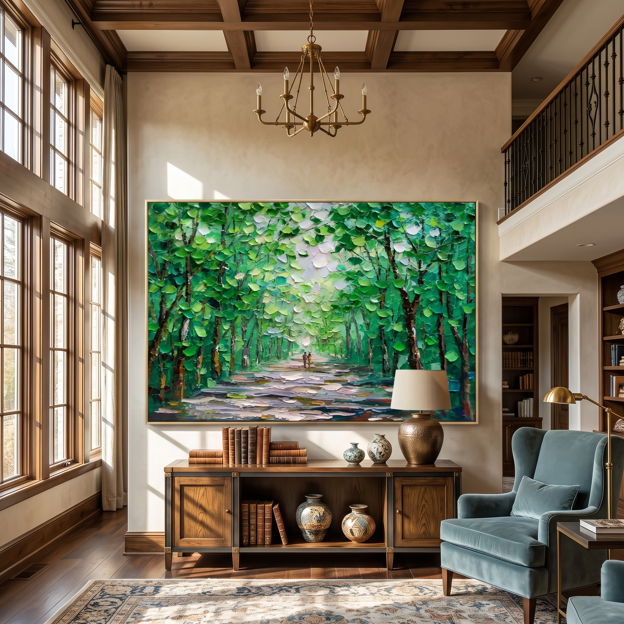 Textured green forest path painting displayed above a wooden console in a library