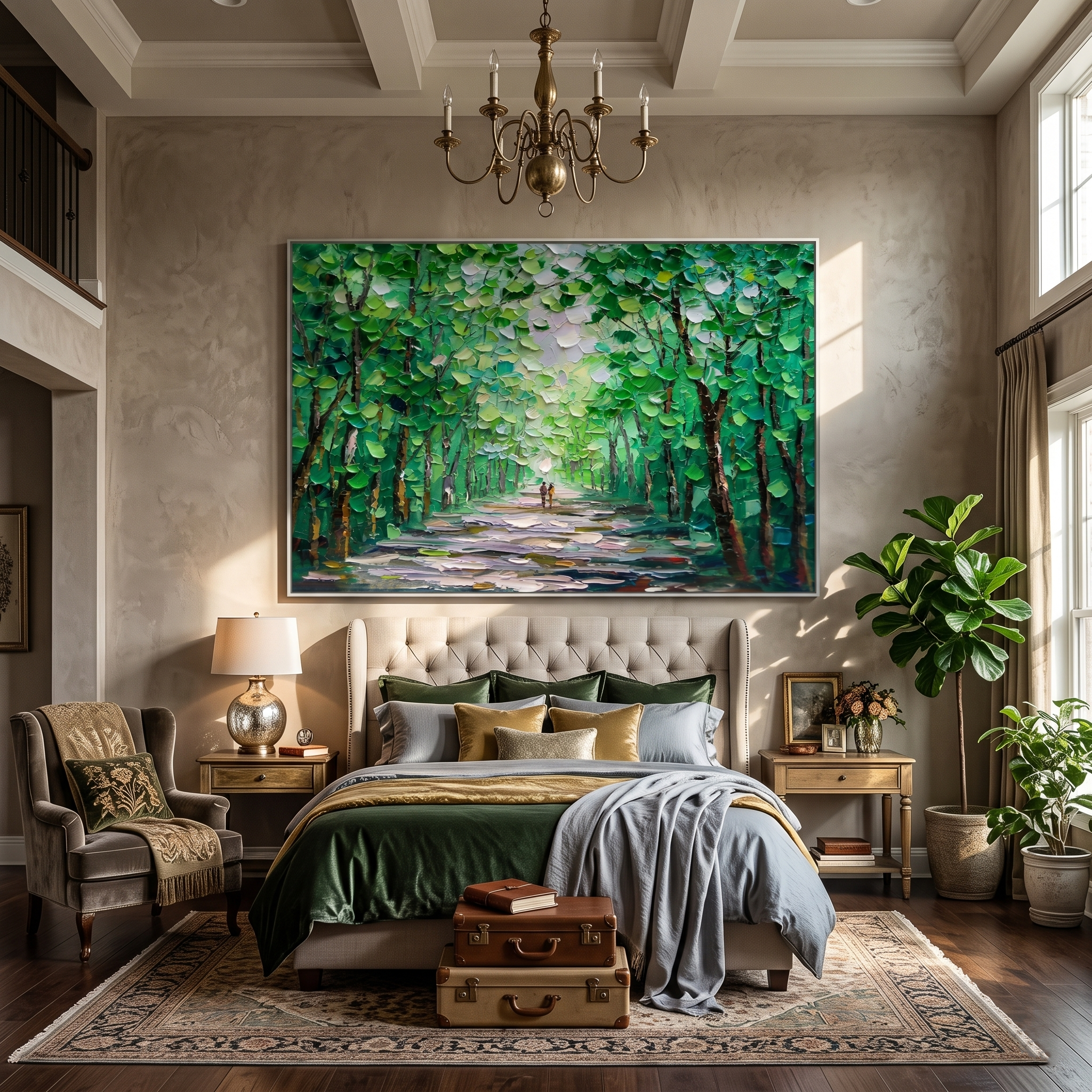 Green ginkgo forest canvas with strolling couple above a bed in an elegant bedroom
