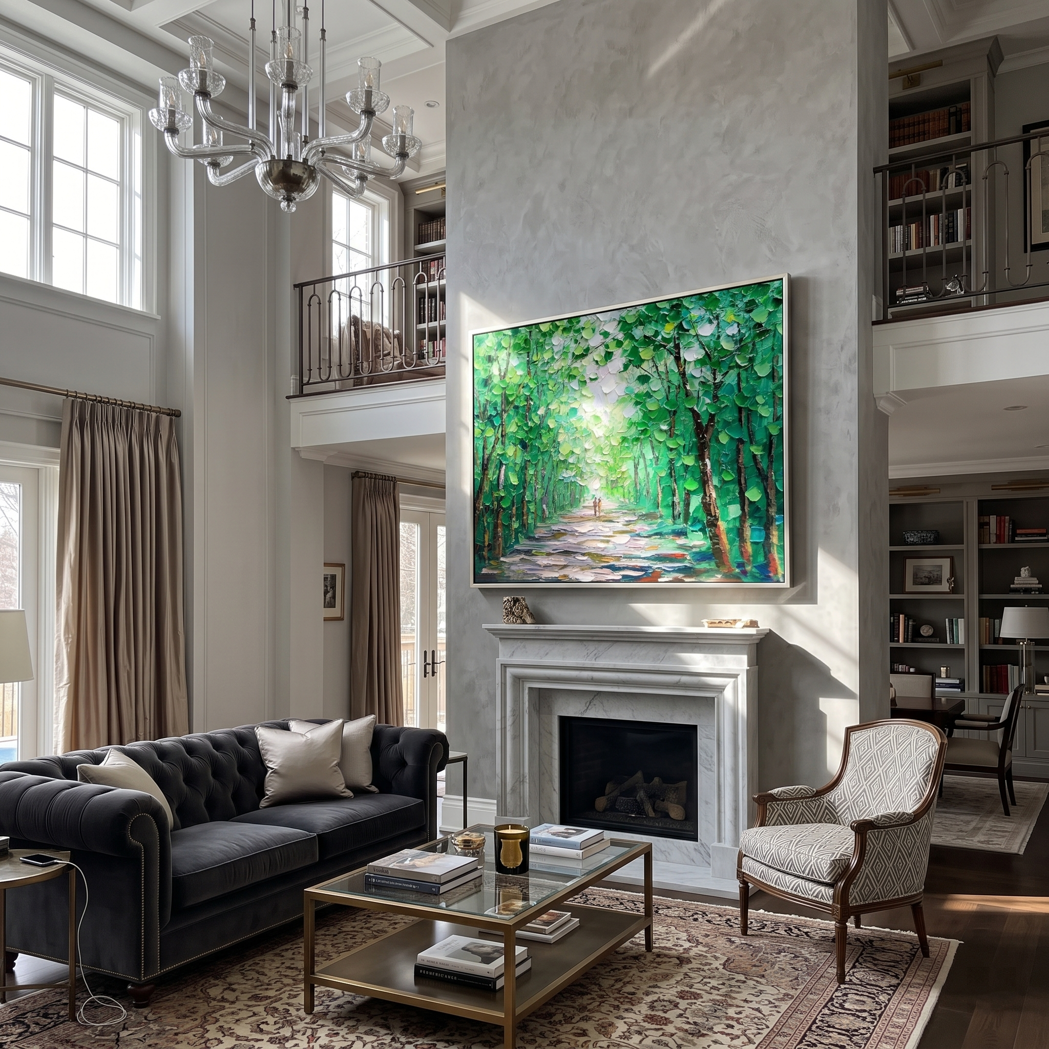 Textured forest path painting hung above a white marble fireplace in a living room