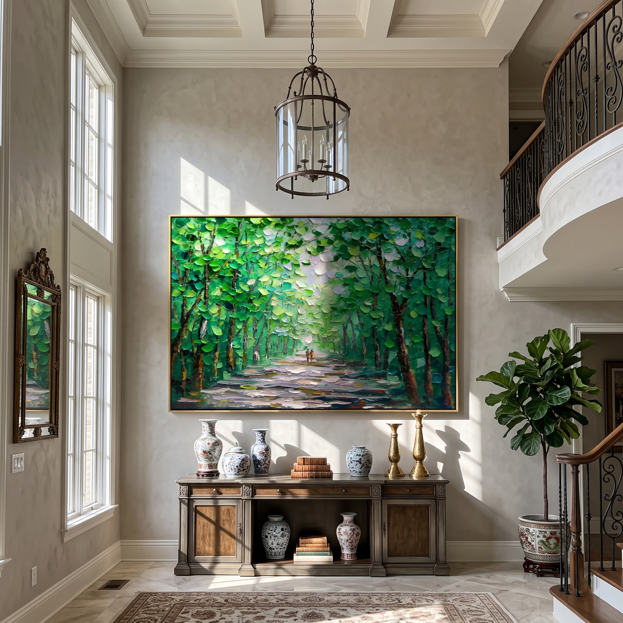 Green forest path canvas displayed above a console table in a marble foyer