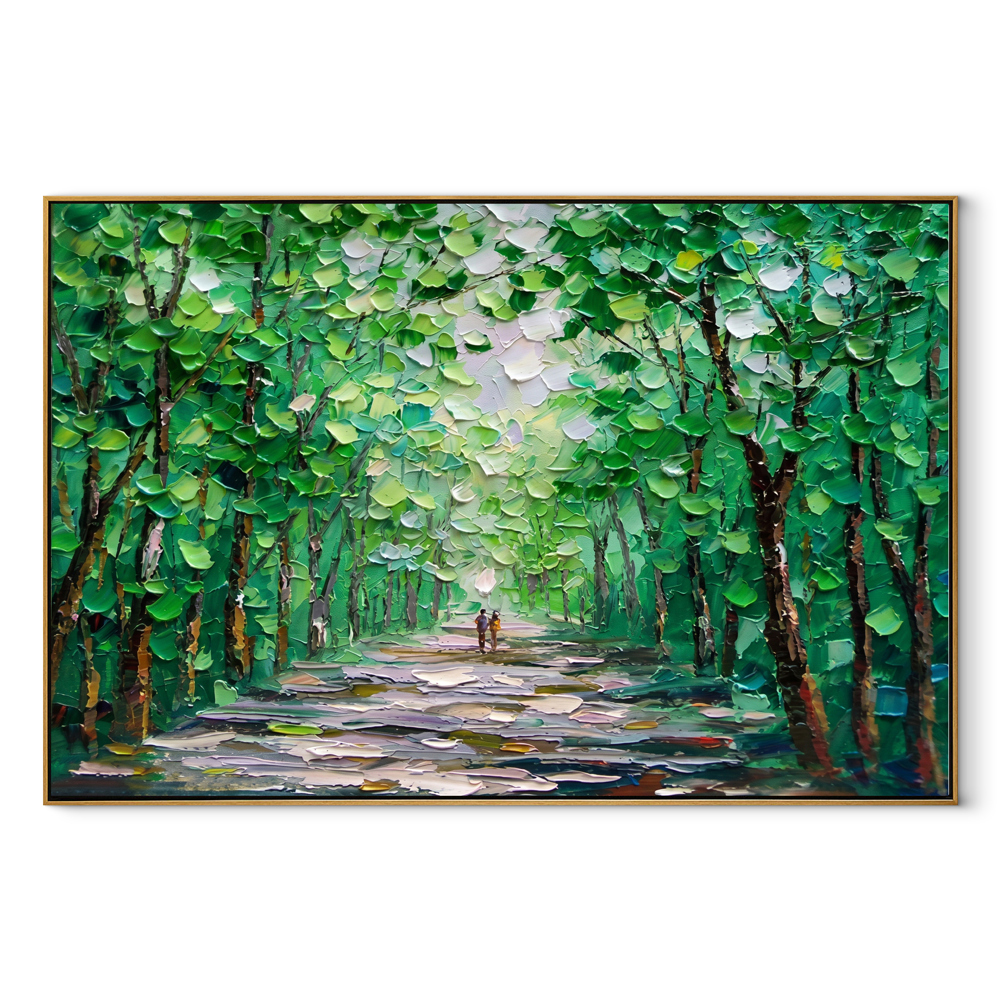 Grove of Companions framed in wood, green forest path canvas on white background