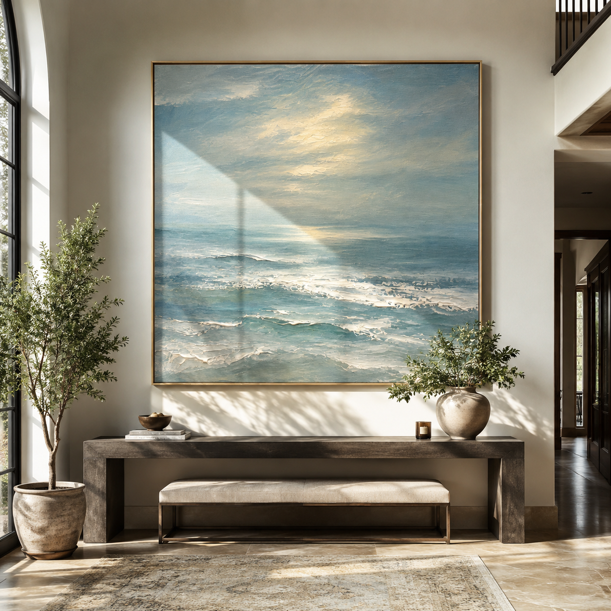 Hush Before Sunrise – soft blue coastal seascape painting above an entryway console