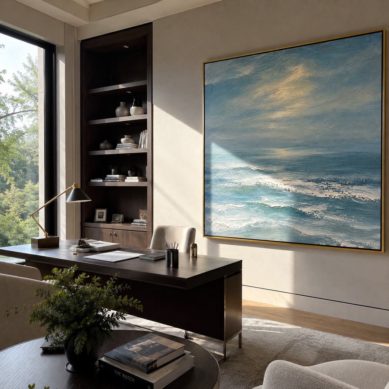 Muted blue and gold seascape canvas above a bed in a coastal bedroom